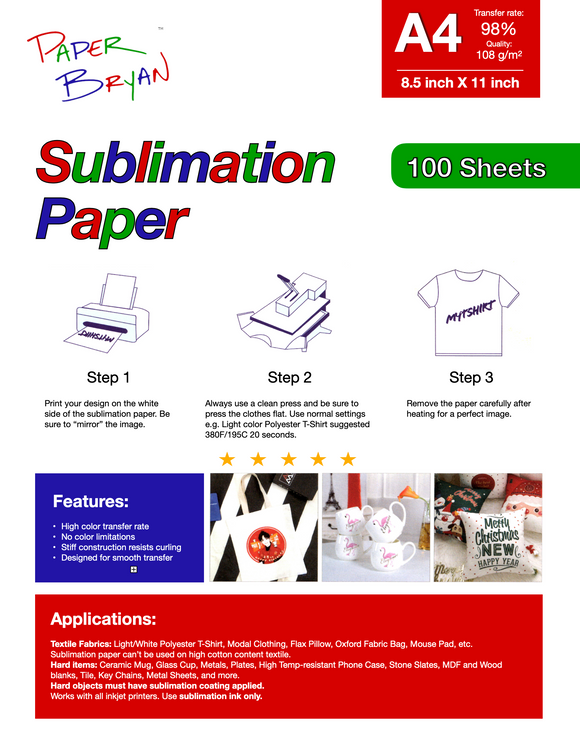 100 Sheets A4 Sublimation Heat Transfer Paper for Inkjet Printer